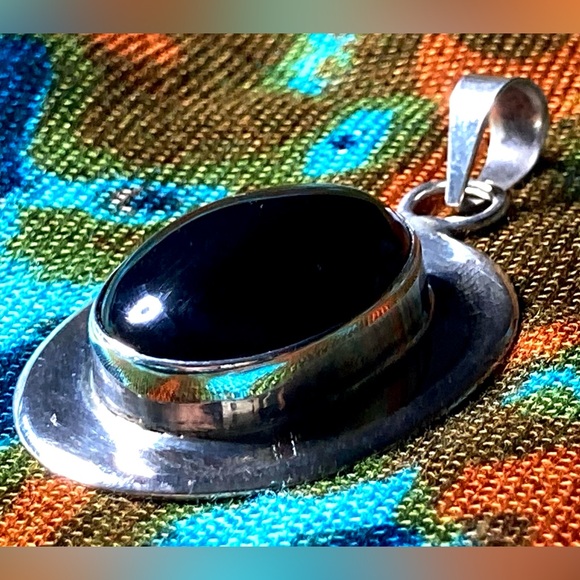 Large Onyx Pendant Stamped ATI MEXICO Vintage Mexican Silver | All Seeing Eye - Picture 8 of 16